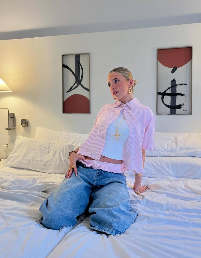 قميص مقلم بأكمام قصيرة-زهري-3