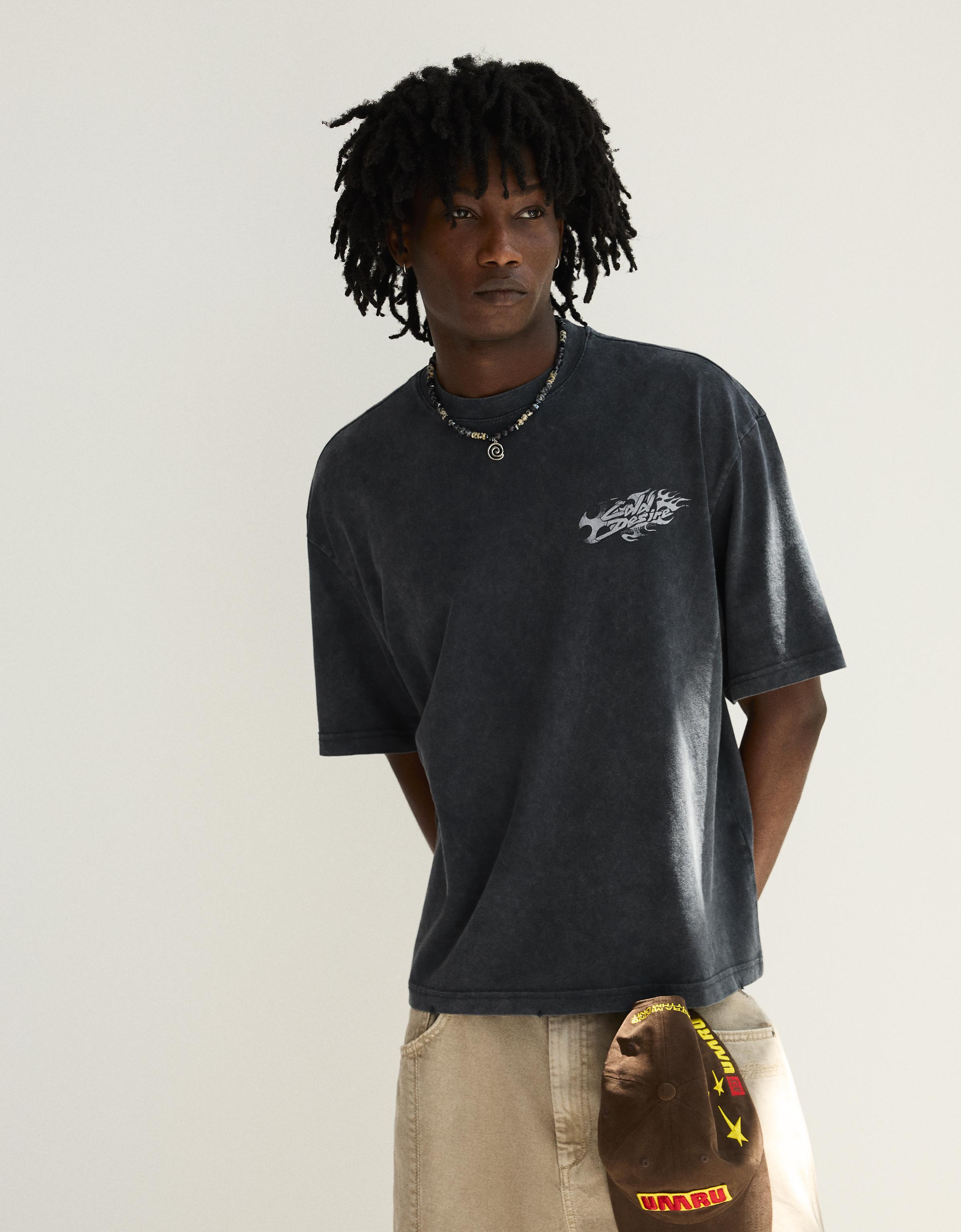 Bershka Camiseta Boxy Lavada Print Hombre Negro
