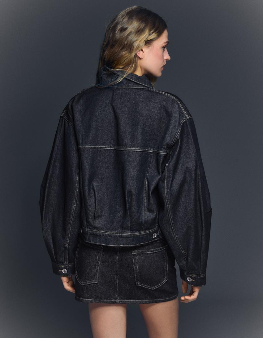 Denim τζάκετ μπαλούν cropped-Μπλου μαρέν