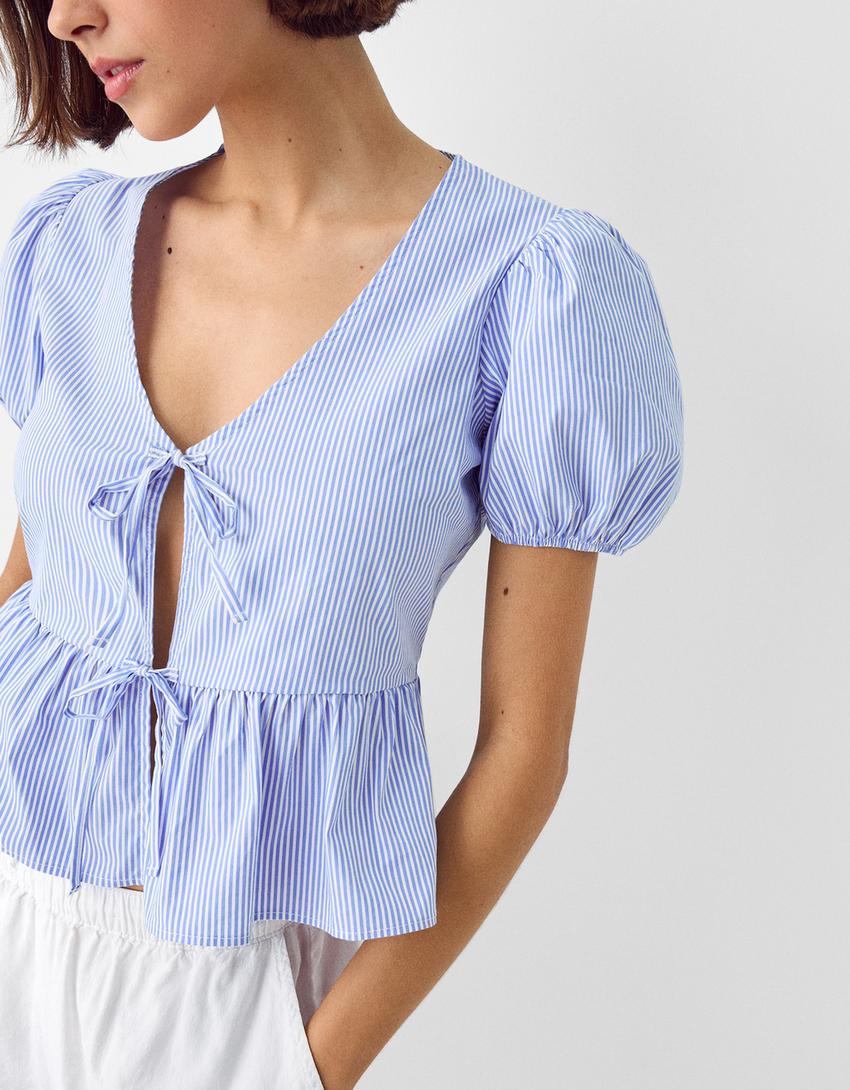 قميص بوبلين بأكمام قصيرة وأربطة-أزرق داكن-2