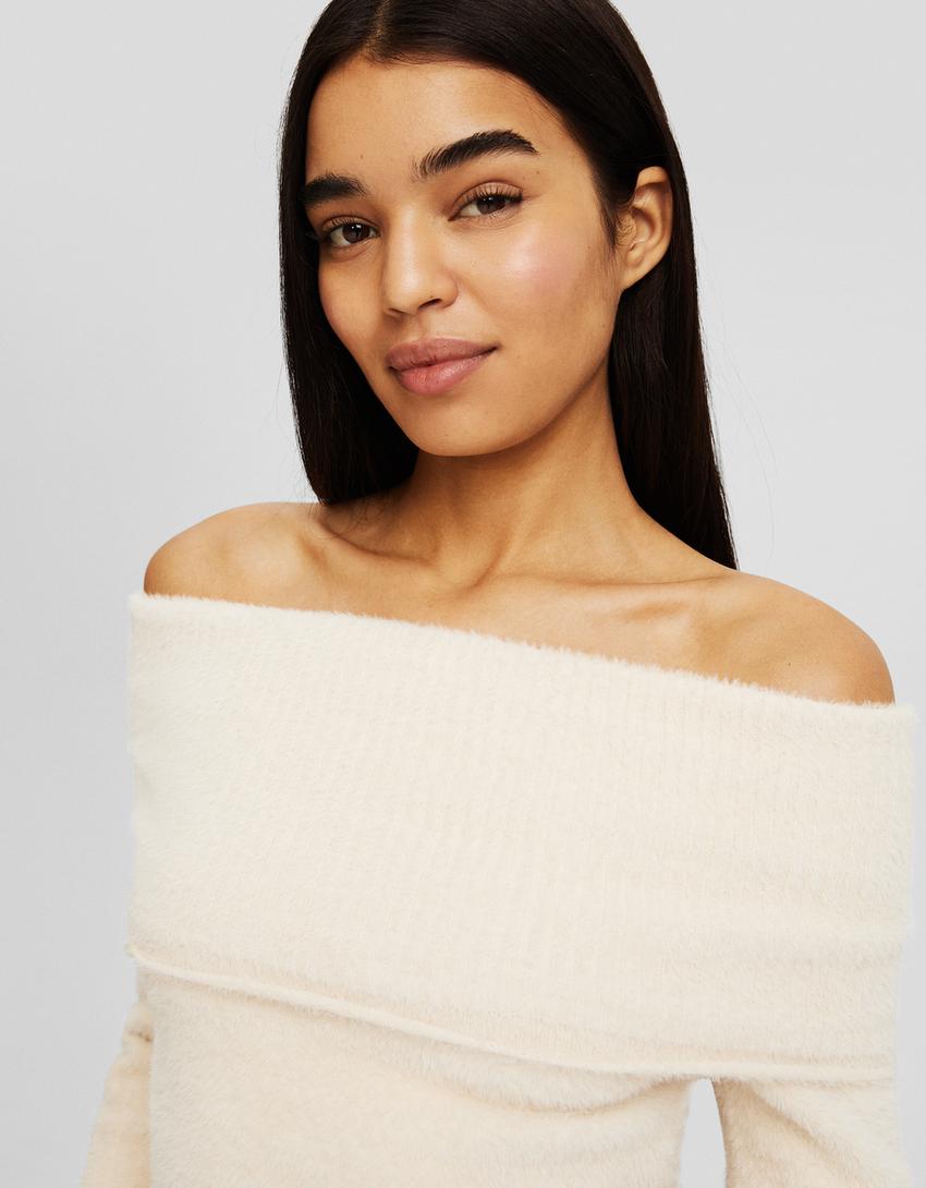 Fuzzy bardot neck sweater-Sand-2