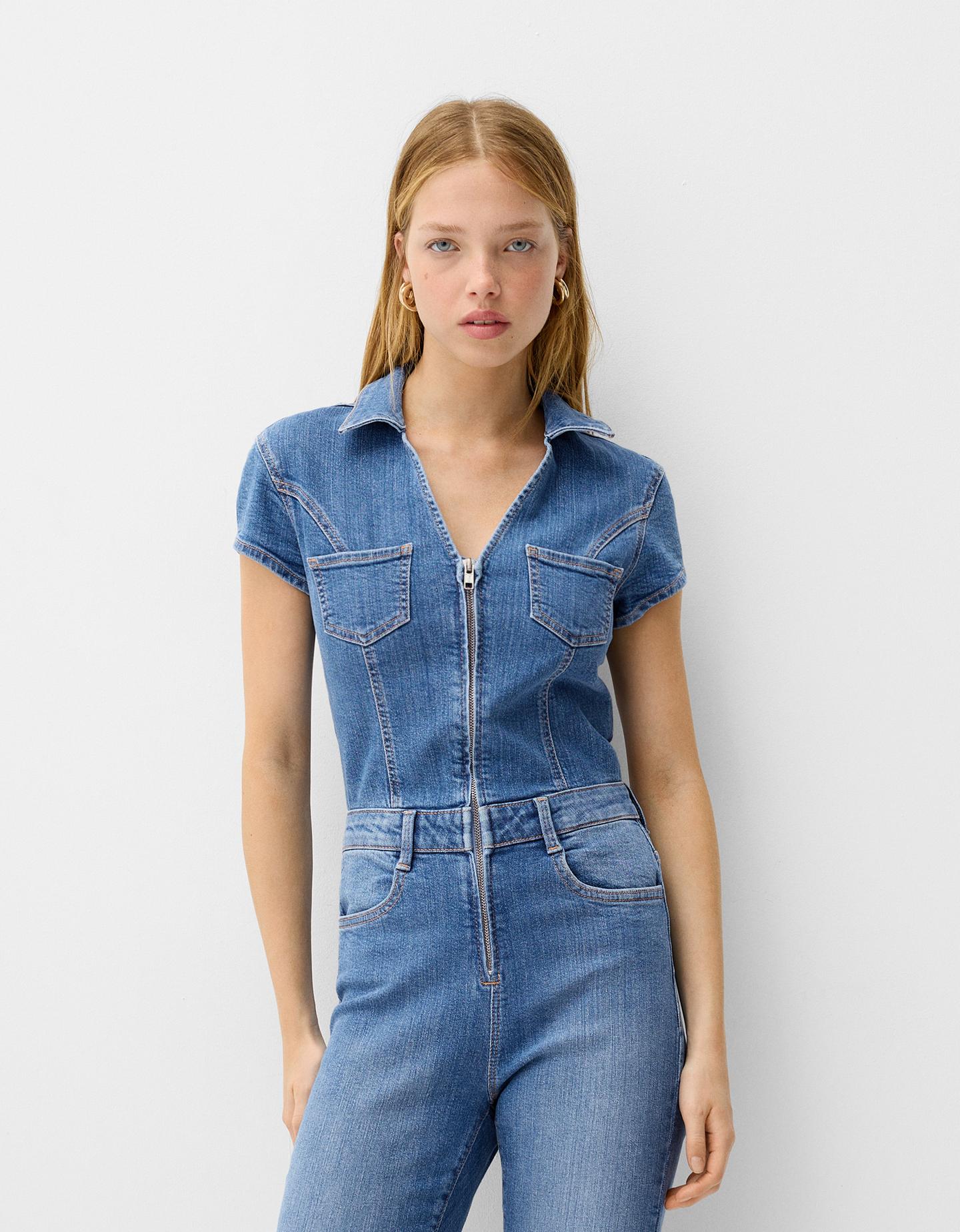 Bershka Tuta Intera Denim Maniche Corte Donna Xs Azzurro Lavato