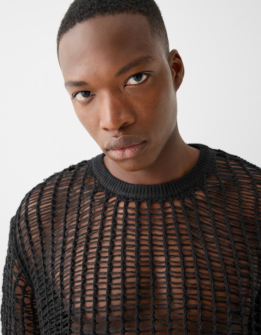 تيشرت بتصميم مثقب وأكمام قصيرة-أسود-2