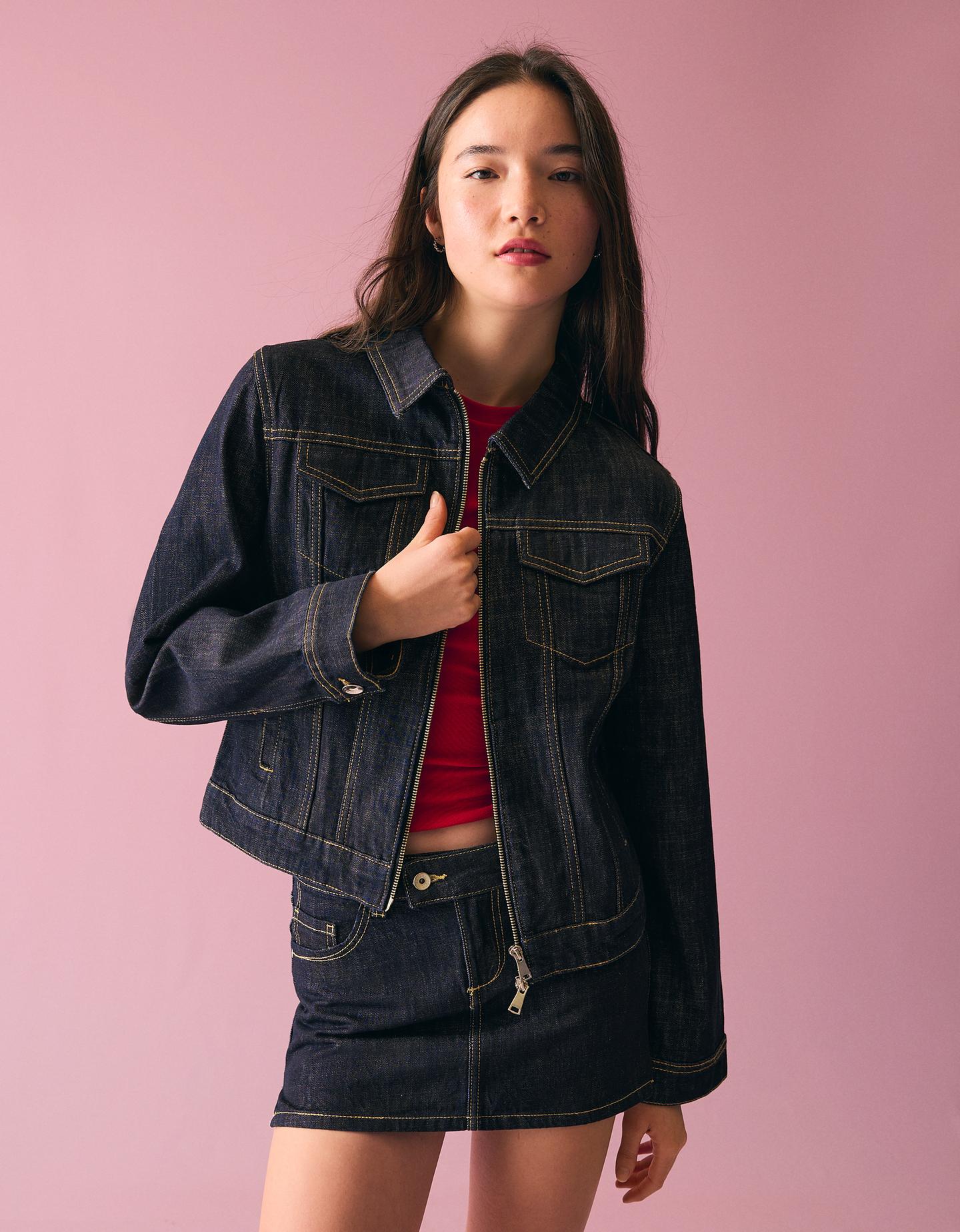Bershka kurtka denim z zamkiem granatowy