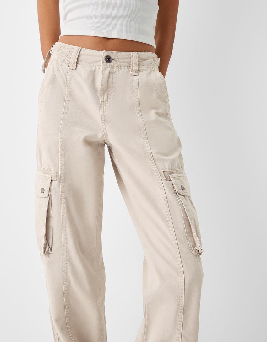 Calças straight cargo ajustáveis algodão-Areia-3