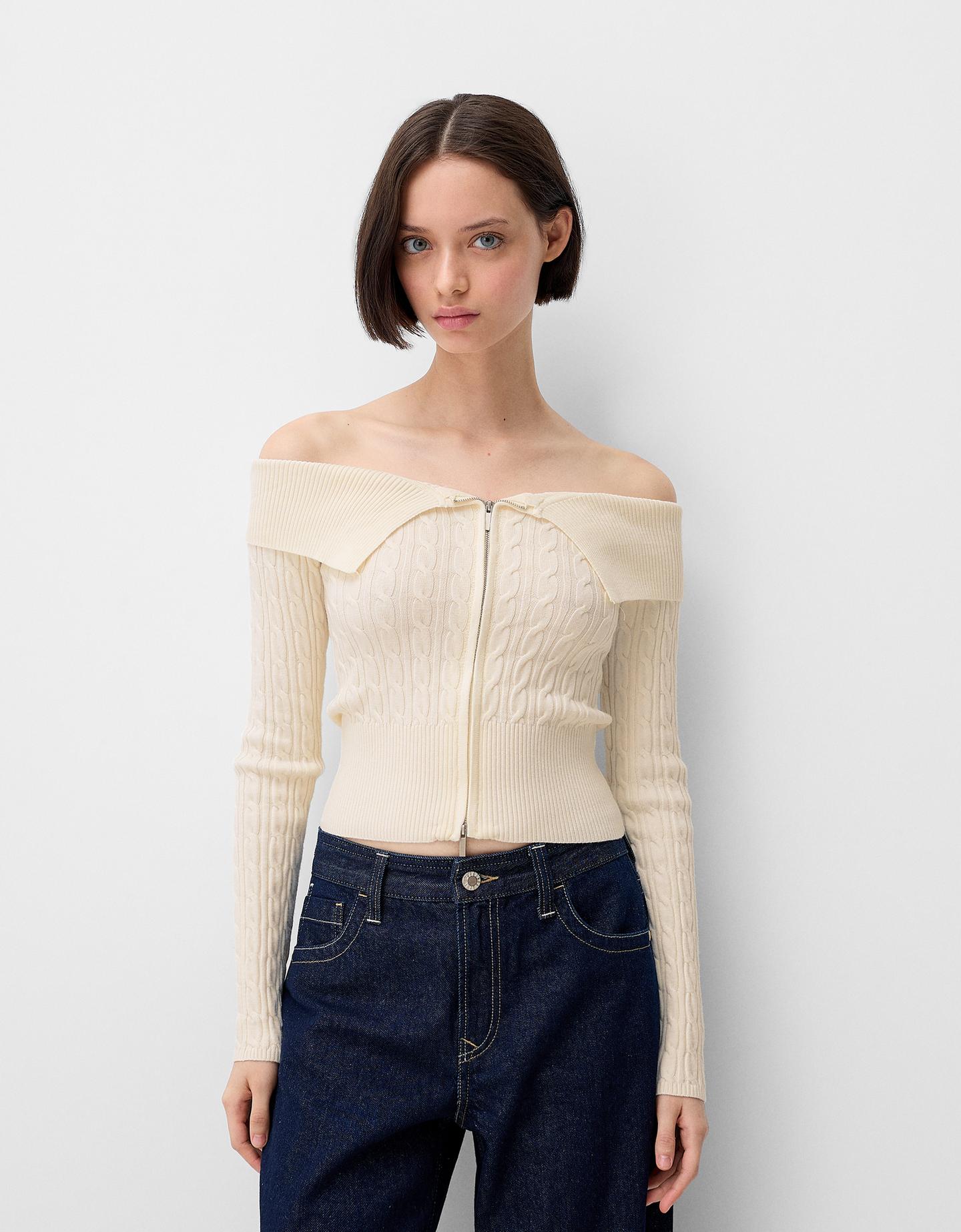 Bershka Cardigan Con Scollo Bardot In Maglia A Trecce Con Cerniera Donna S Avorio