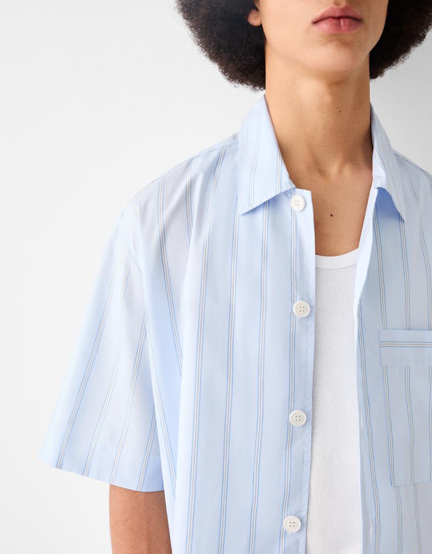 قميص مخطط بقصّة مربعة وأكمام قصيرة-أزرق فاتح-5