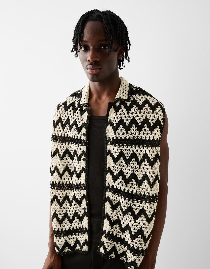 Gilet sans manches crochet col chemise-Blanc / Noir-2