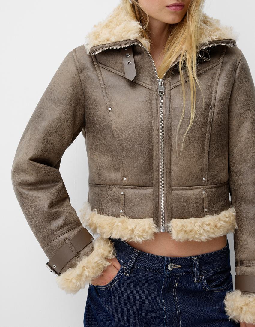 Blouson double face fausse fourrure-Taupe-4
