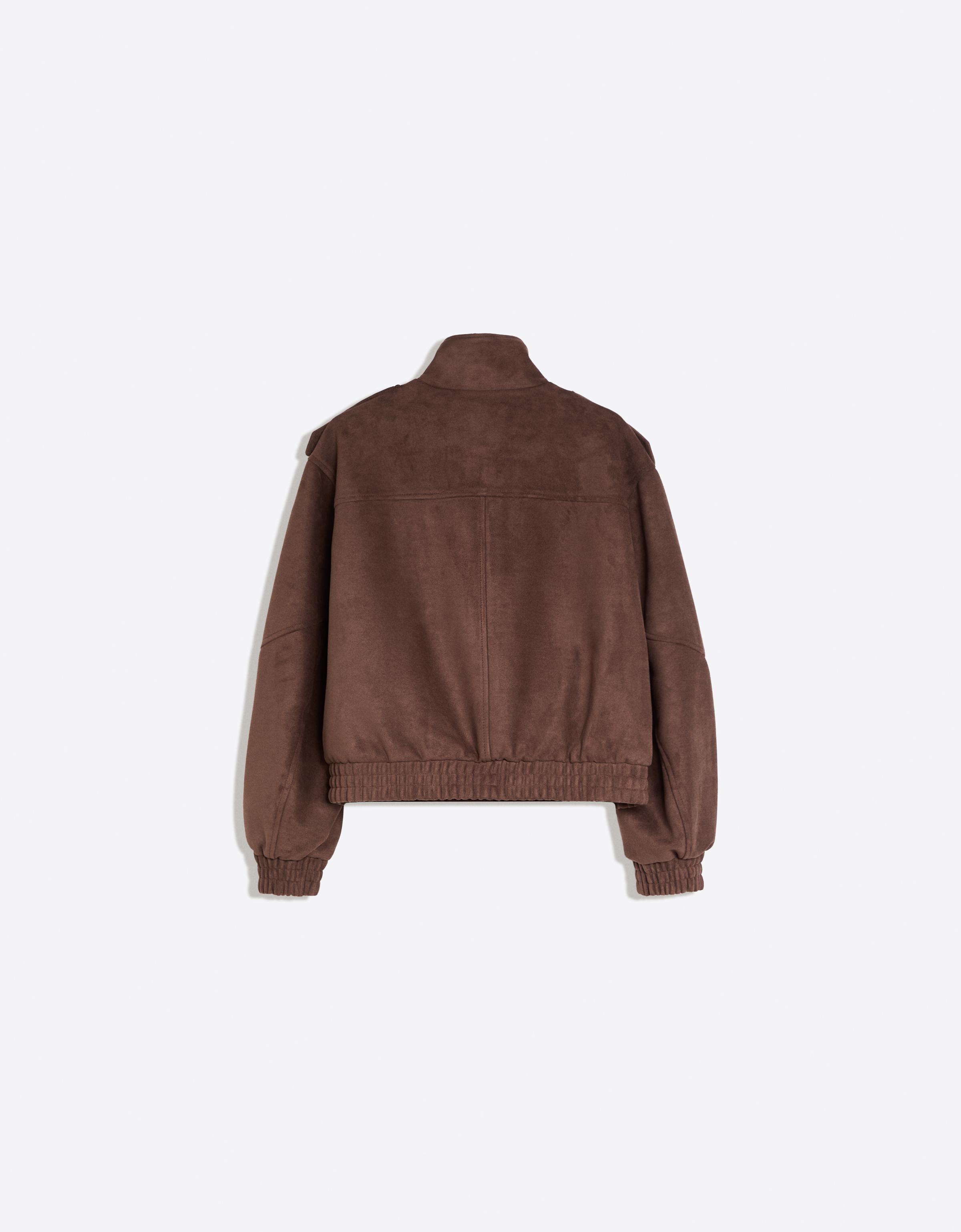 Faux suede funnel neck jacket — Brown