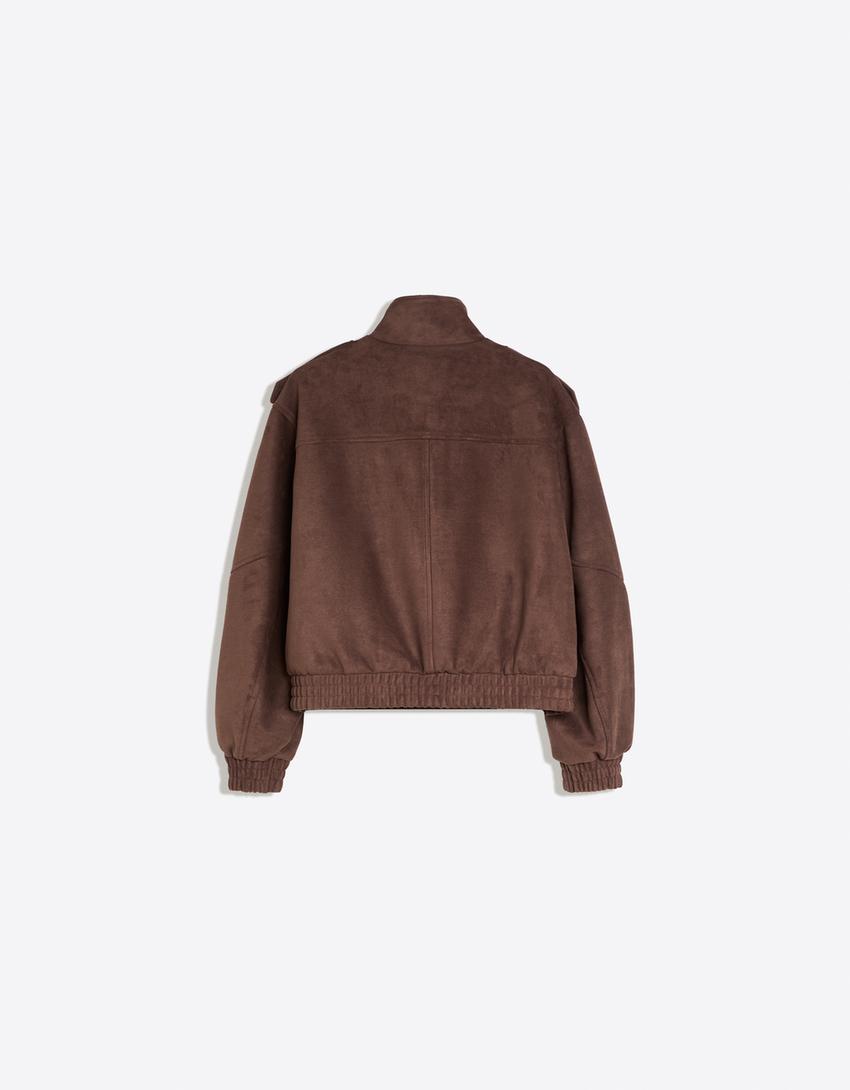 Faux suede funnel neck jacket-Brown