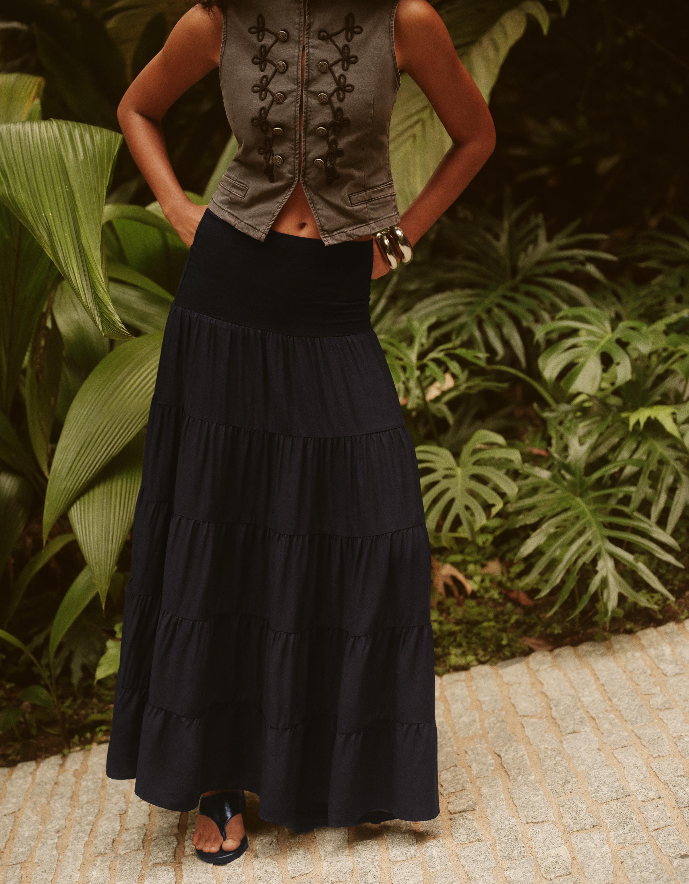Fold-over waist midi skirt — Black
