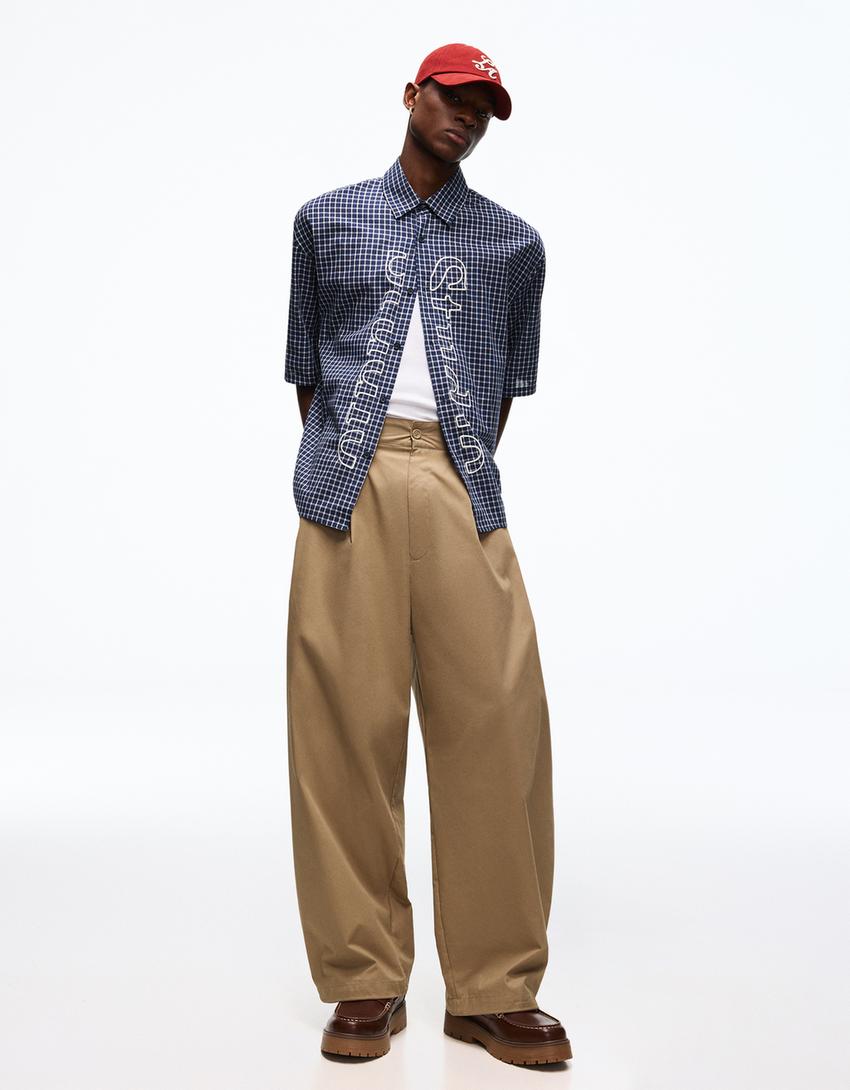 Embroidered Boxy Short Sleeve Shirt-Navy