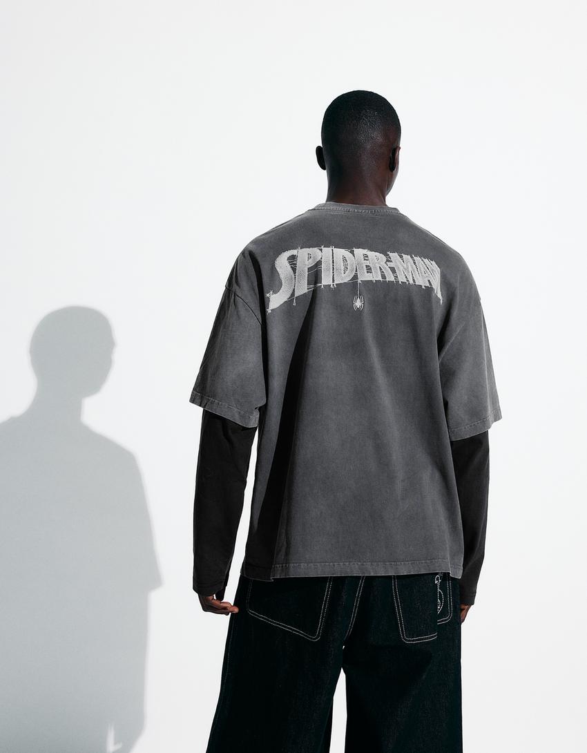 T-shirt Homem-Aranha manga comprida estampado duplo-Cinza