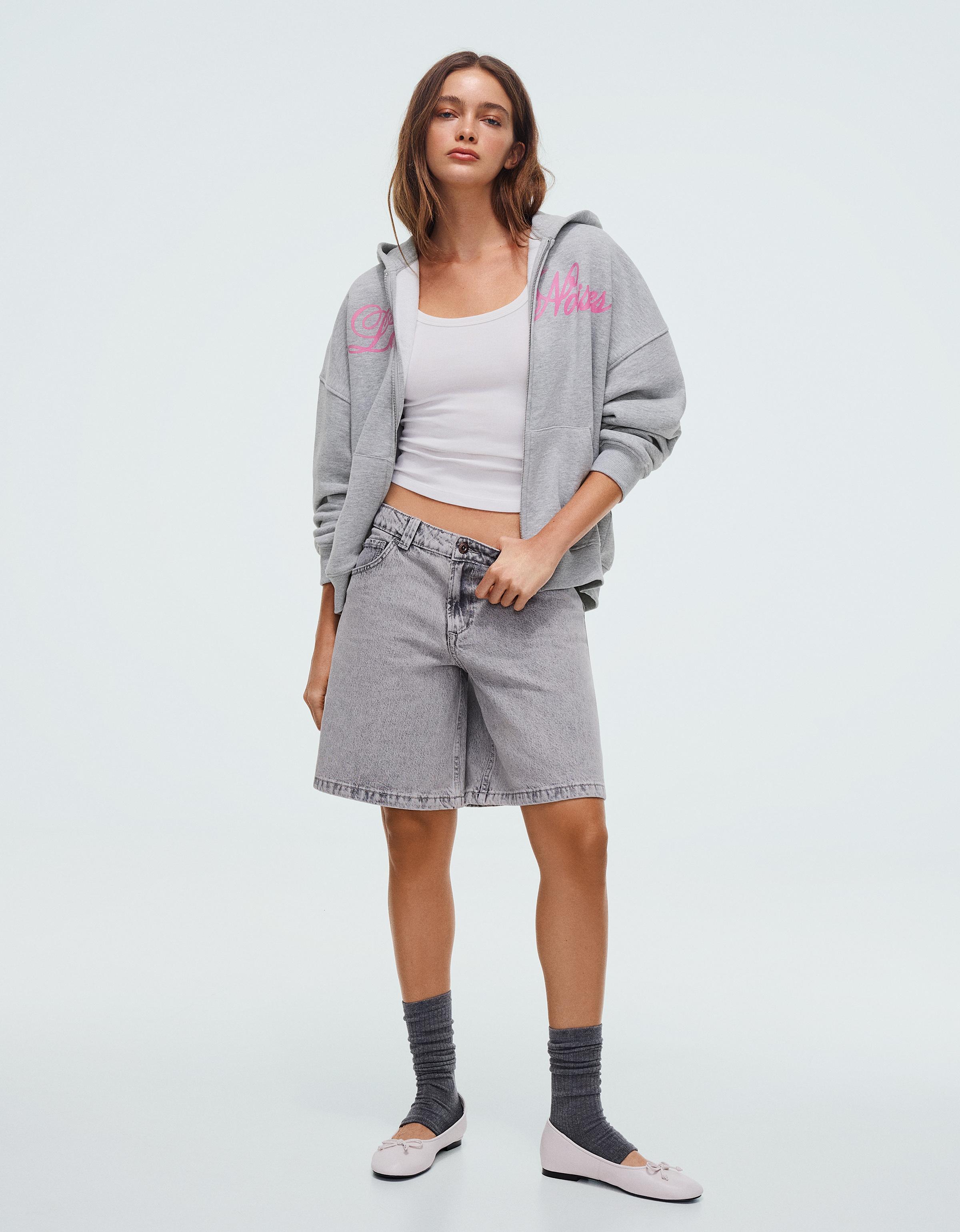 Baskılı oversize kapüşonlu fermuarlı sweatshirt