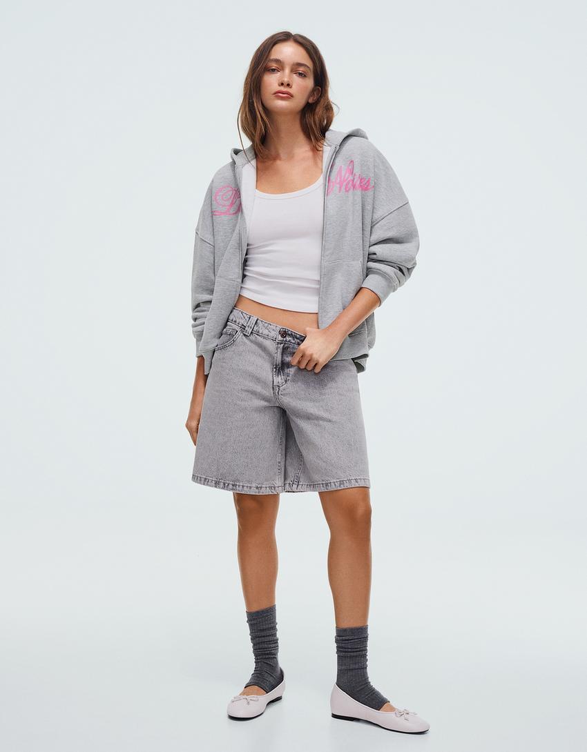 Baskılı oversize kapüşonlu fermuarlı sweatshirt-Gri