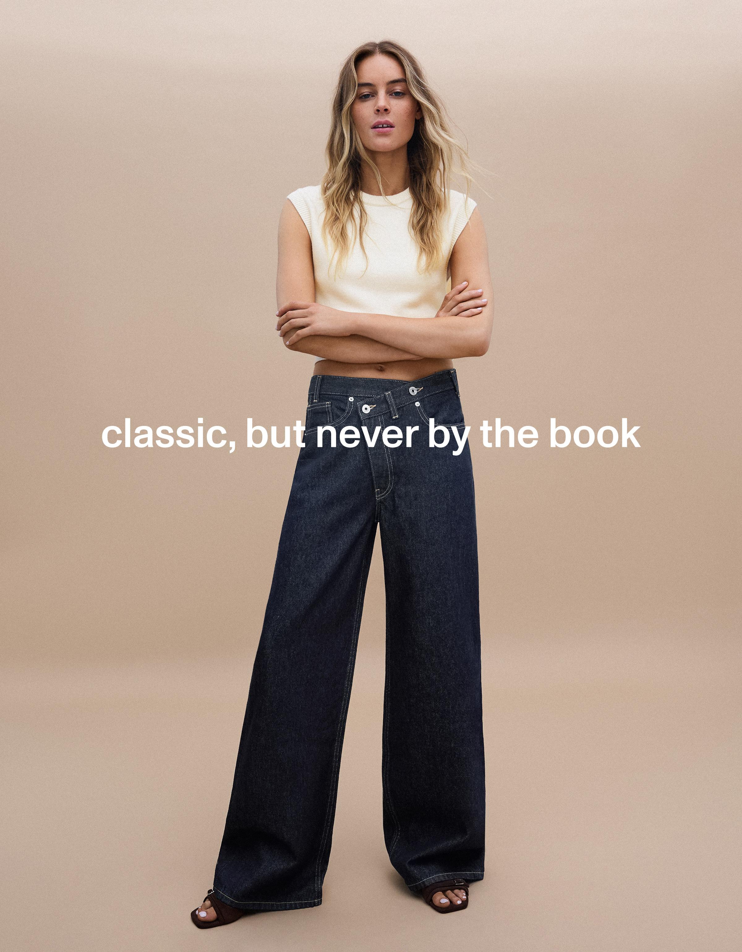 Wide-leg cross-waist jeans — Navy