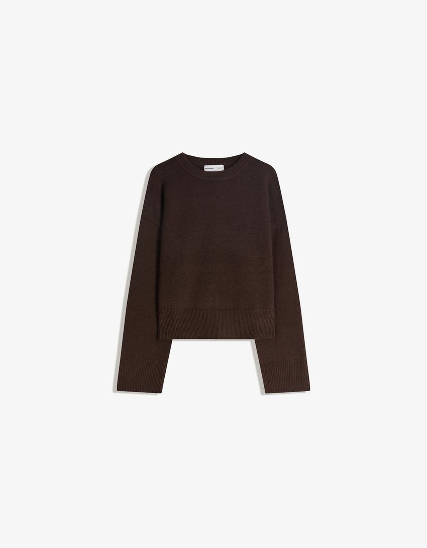 Oversize sweater with ribbed hem-Brown
