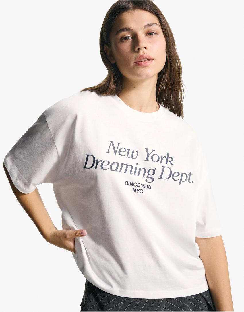 T-shirt Boxy fit à manches courtes imprimé-Blanc cassé