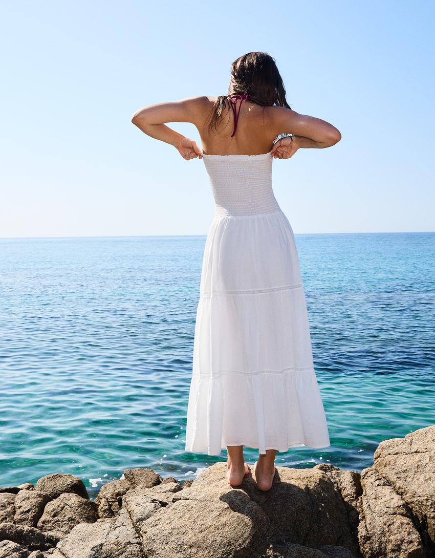 Flared bandeau neckline midi dress-White-2