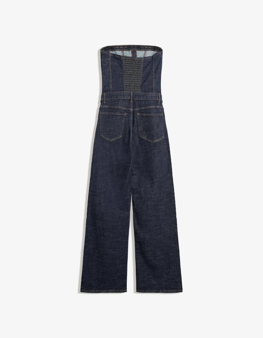 Salopetă lungă bandeau din denim-Bleumarin-1