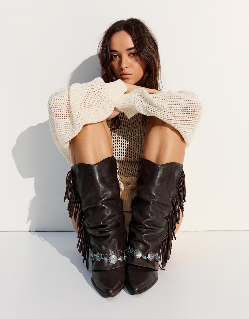 Bottes à talon cowboy franges-Marron