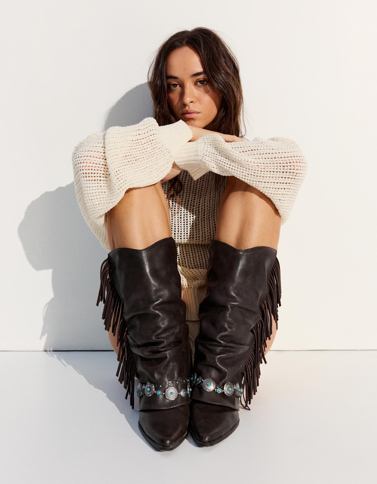 Fringed cowboy heel boots — Brown