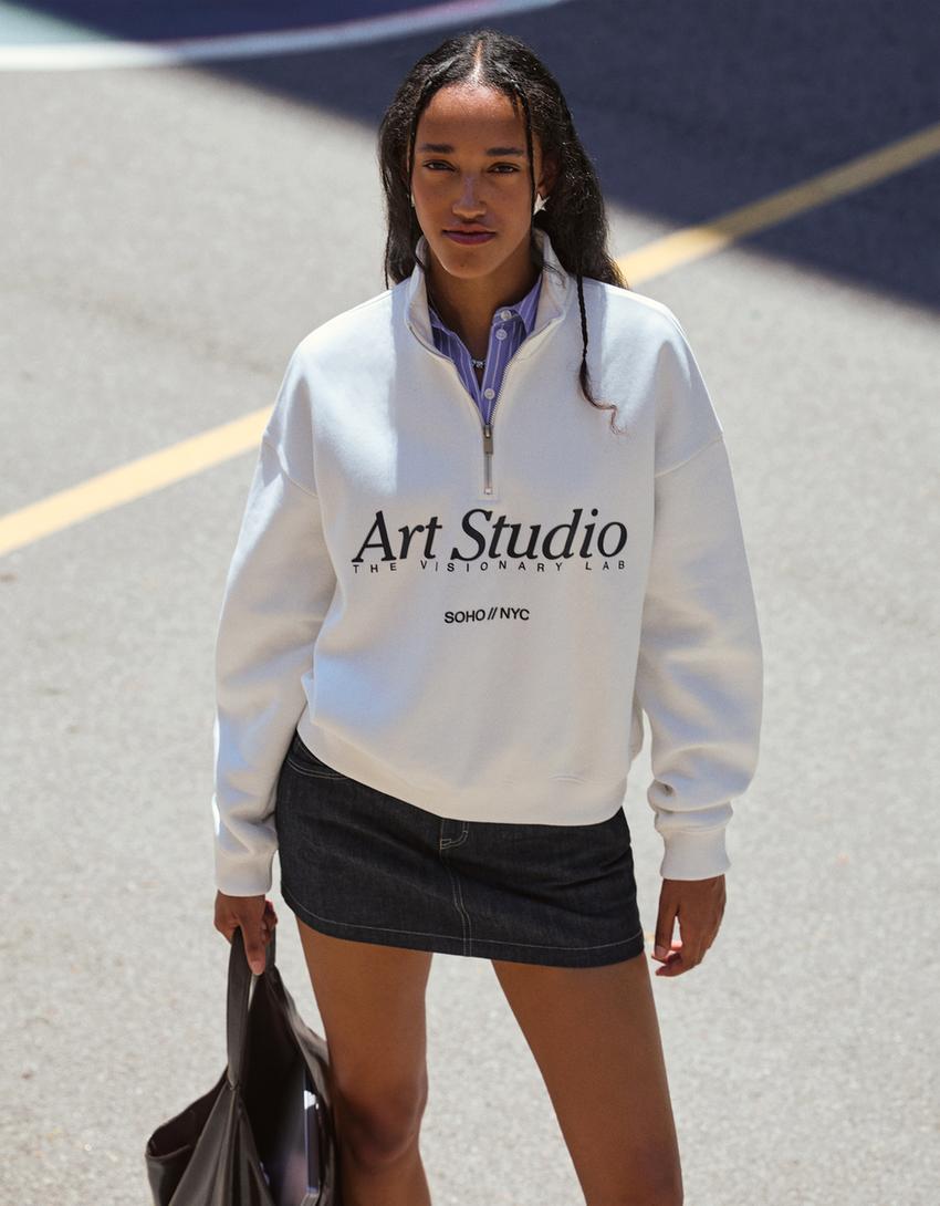 Printed quarter-zip sweatshirt-White