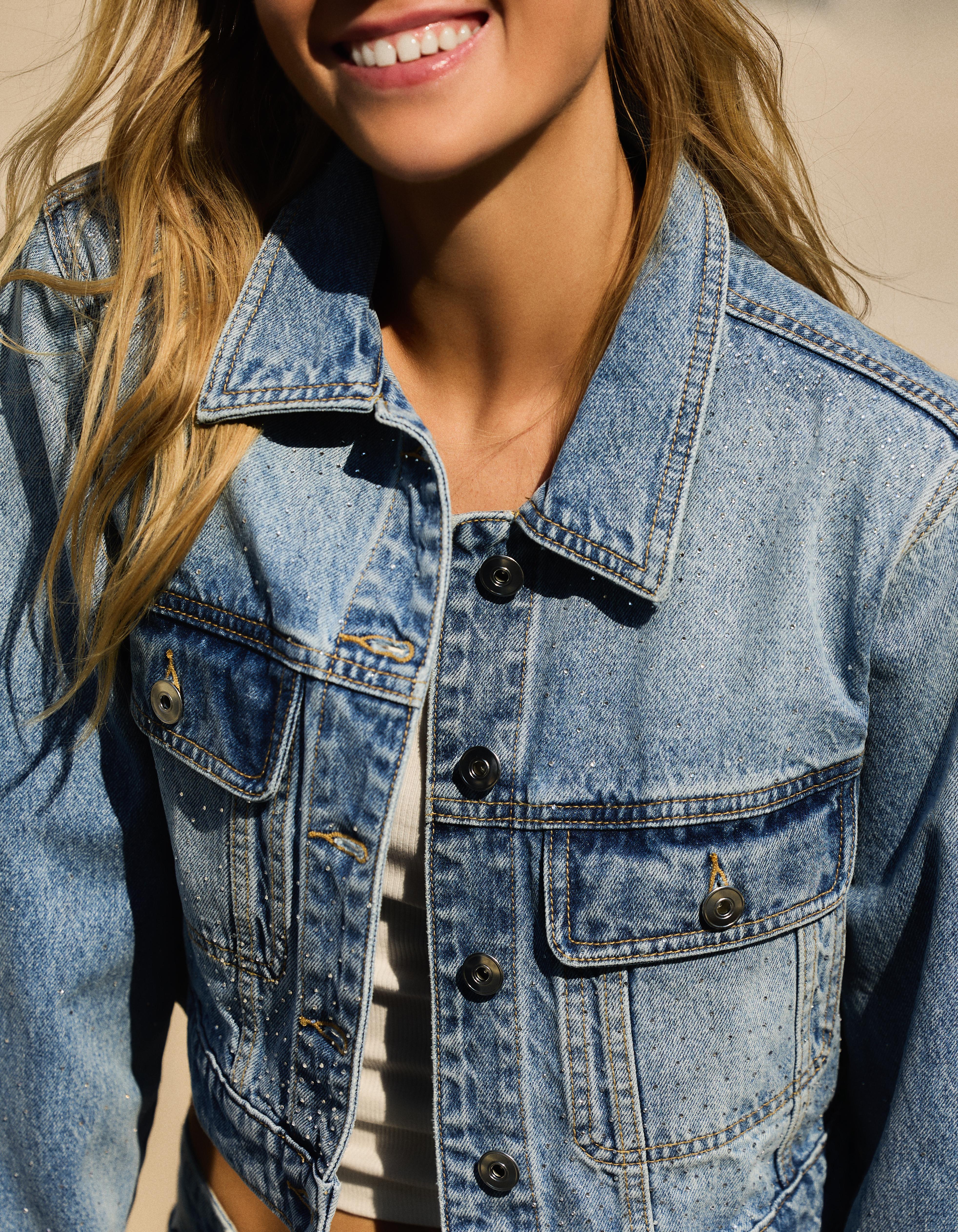 Shimmery cropped denim jacket — Light blue