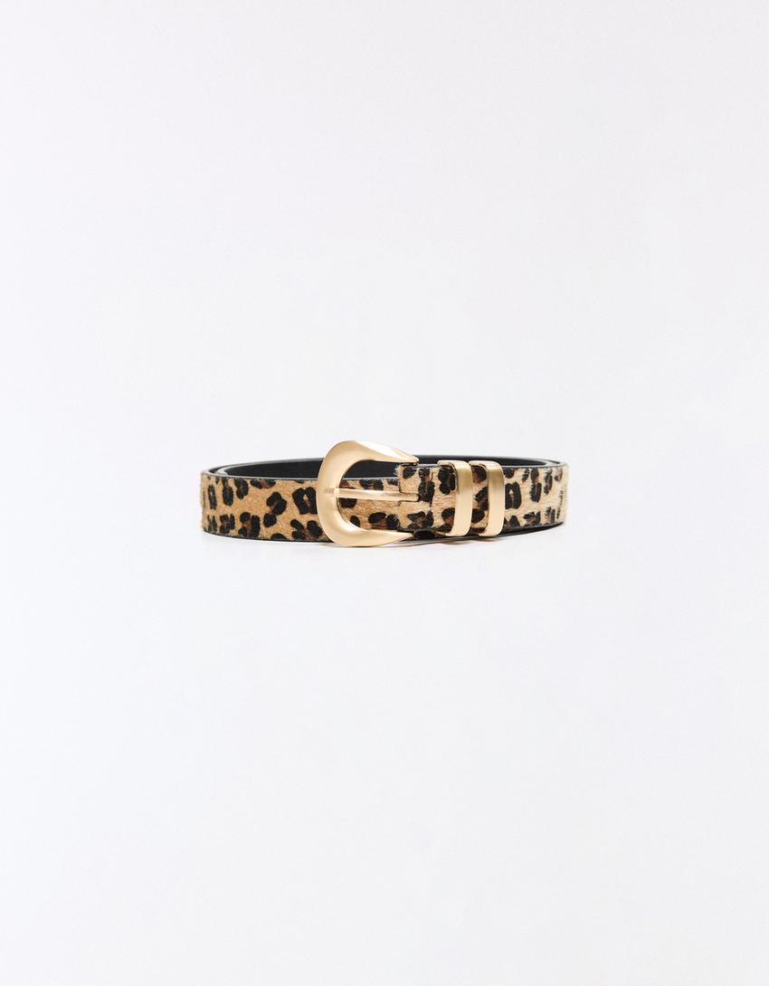 Cintura con fibbia stampa animalier-Marrone