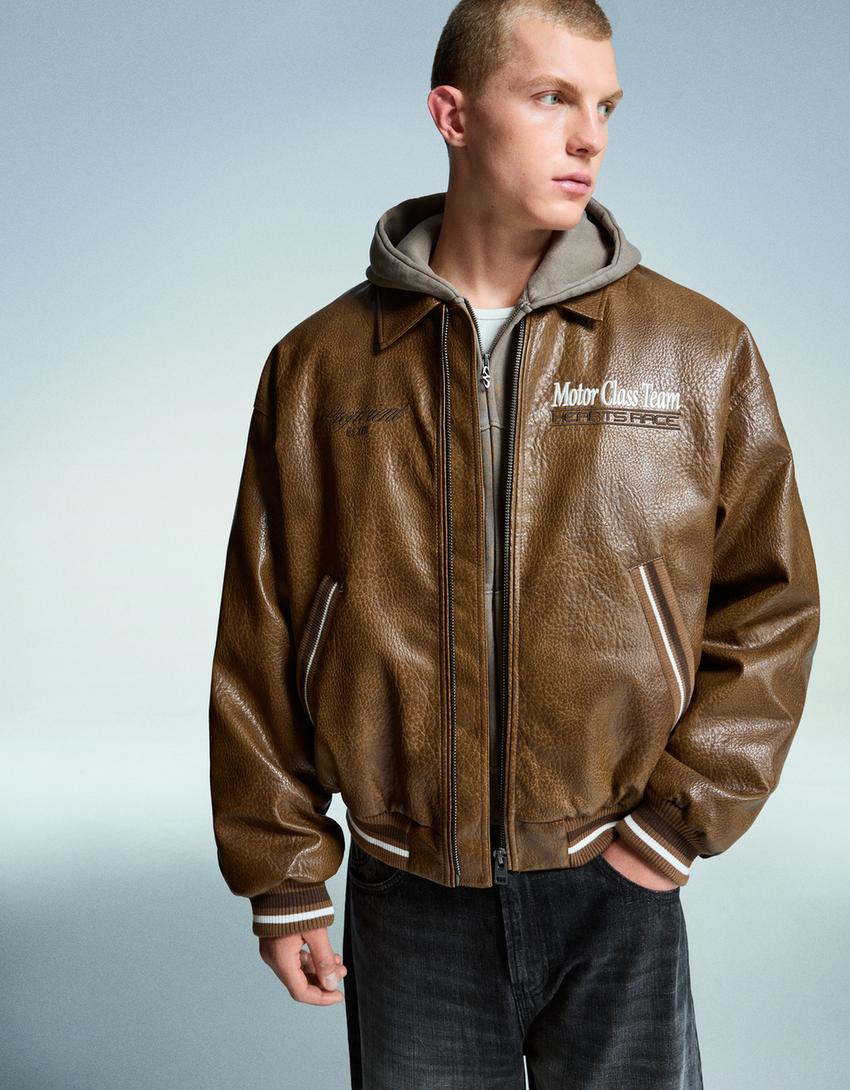 Leather effect embroidered jacket-Camel-0
