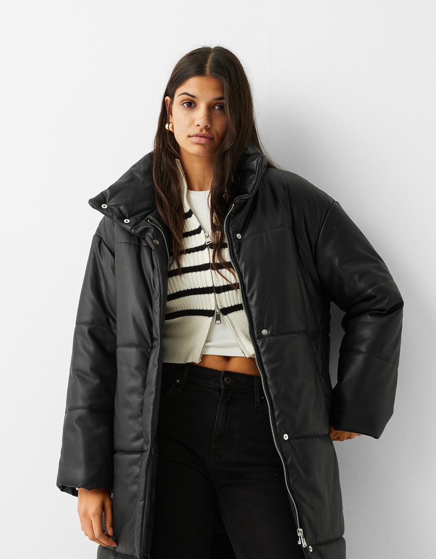 Long faux leather puffer coat-Black-1