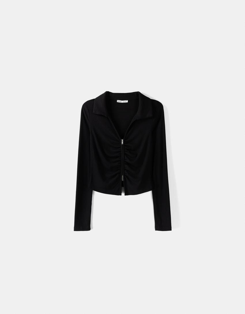 تيشرت بأكمام طويلة وياقة بولو وزمة وسحّاب-أسود-4