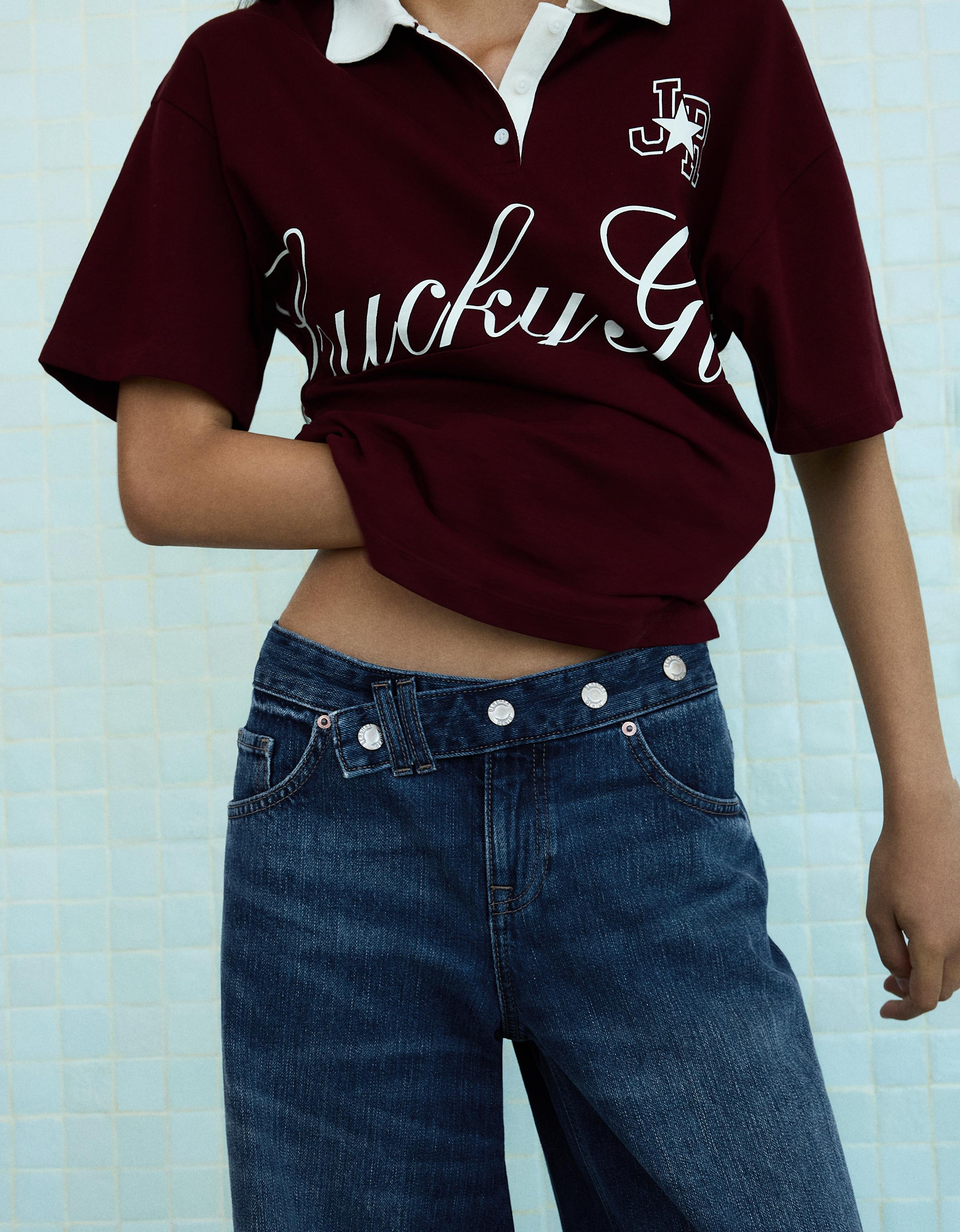 Low-rise straight-leg jeans with crossover waist — Blue