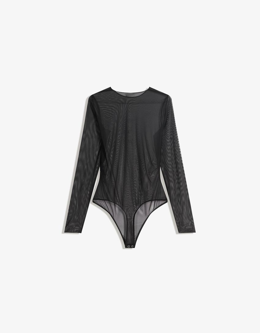 Long sleeve tulle bodysuit-Black