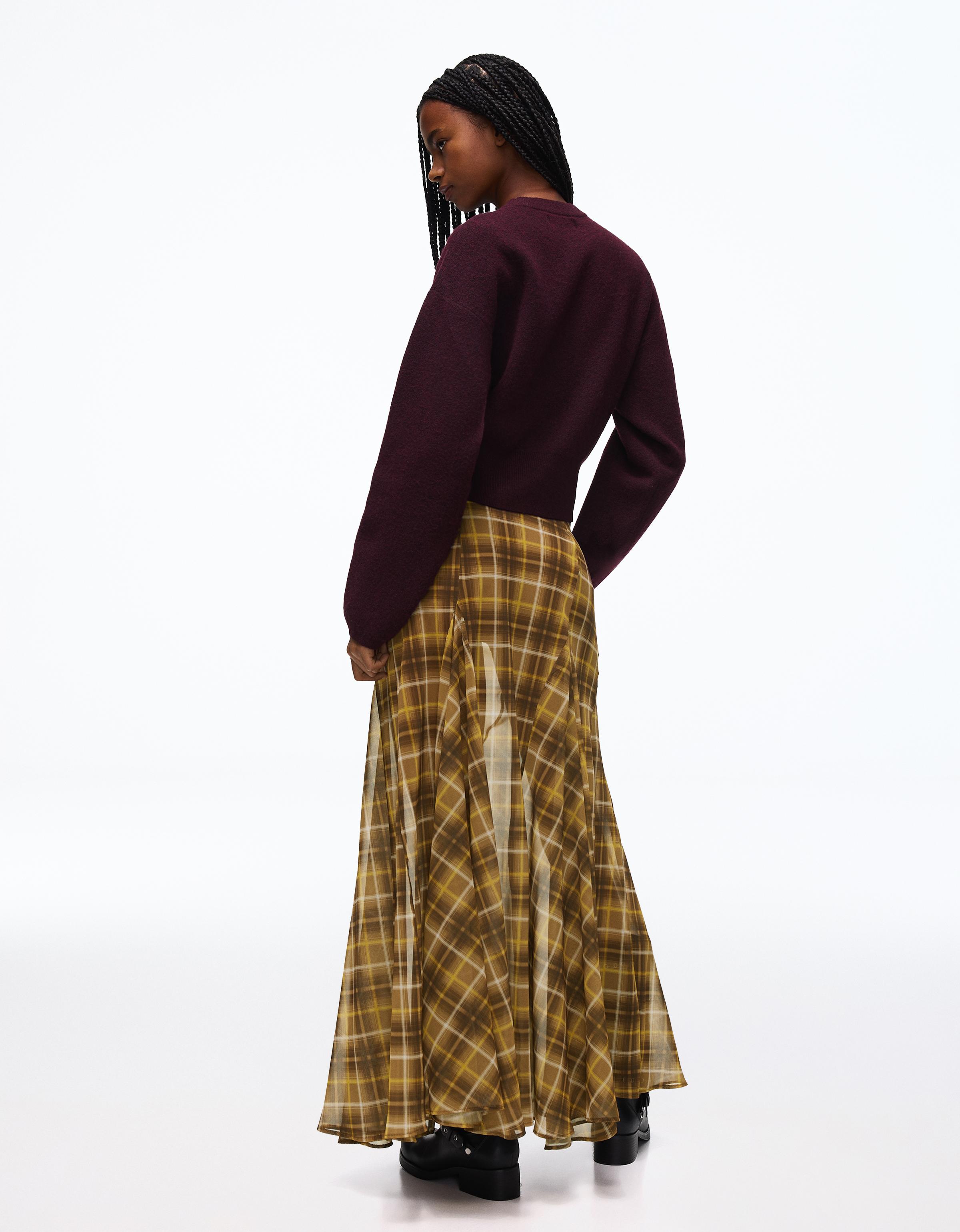 Flowy checked midi skirt — Camel