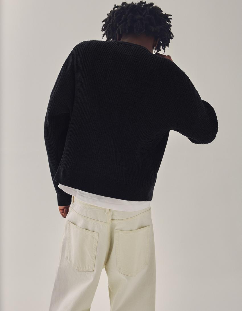 Pull col rond en chenille imprimé-Noir