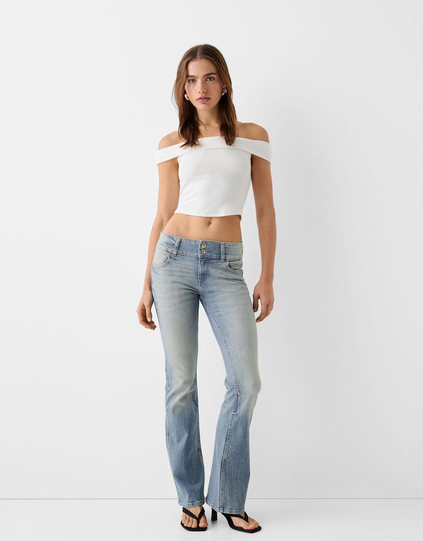 Low waist bootcut jeans-Gewassen blauw-0