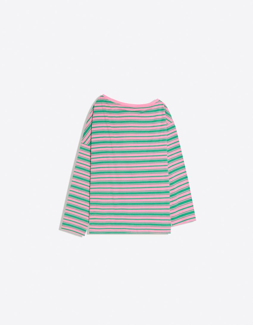 Asymmetric neck long sleeve print T-shirt-Pink