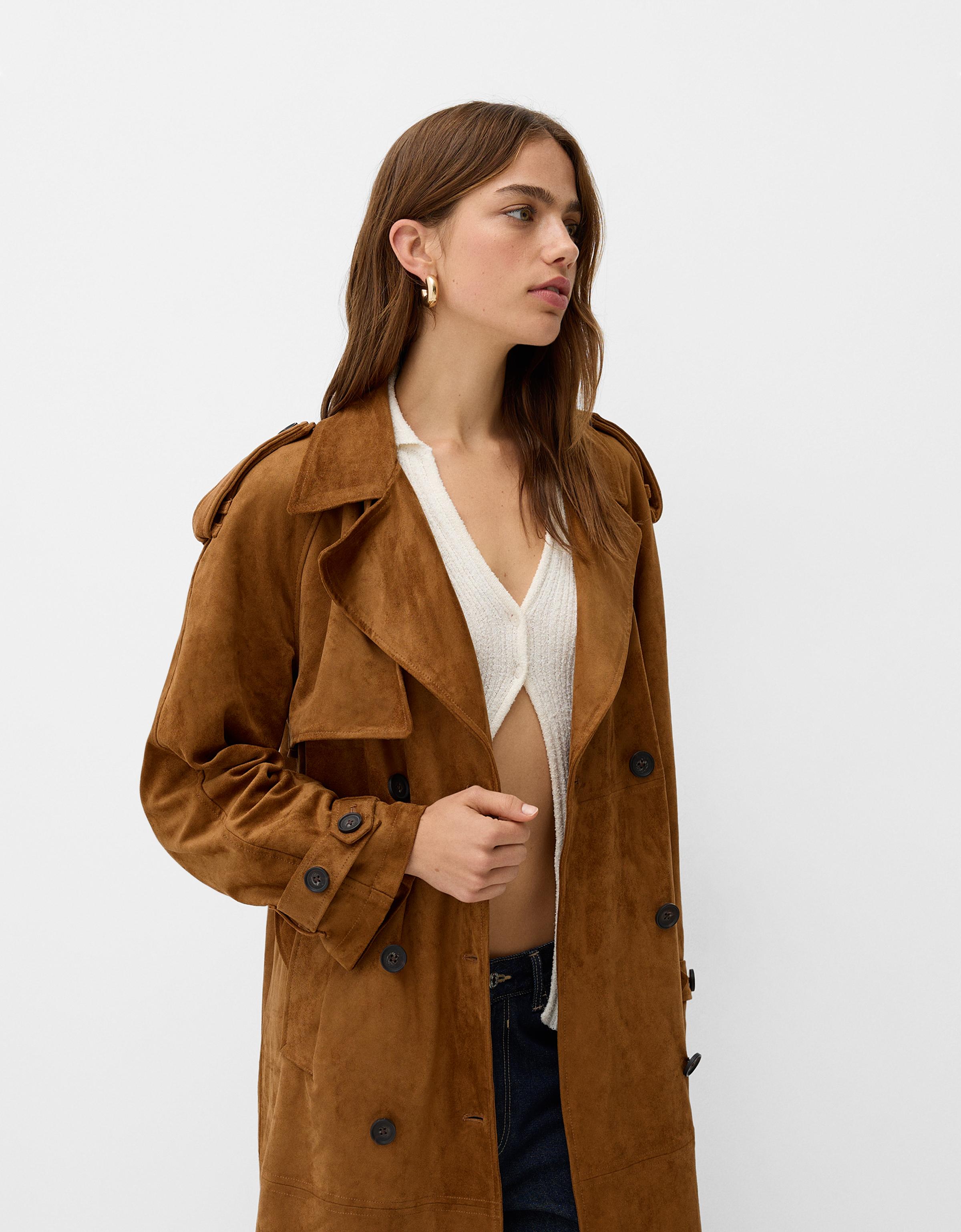 Bershka Trenchcoat Aus Wildlederimitat Damen M-L Hellbraun