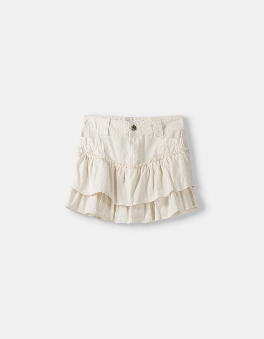 Frilled mini skirt-Cream