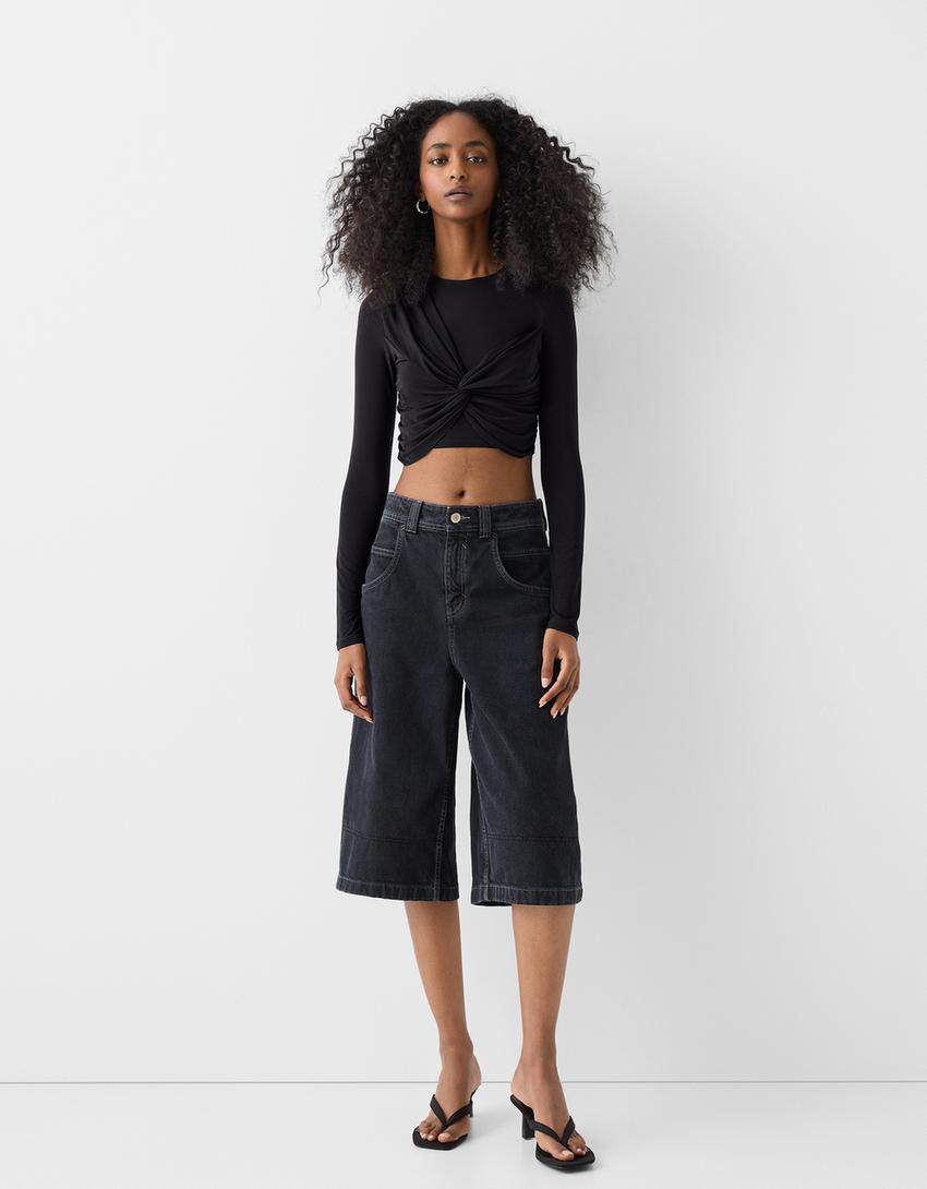 Long sleeve T-shirt with front knot-Black