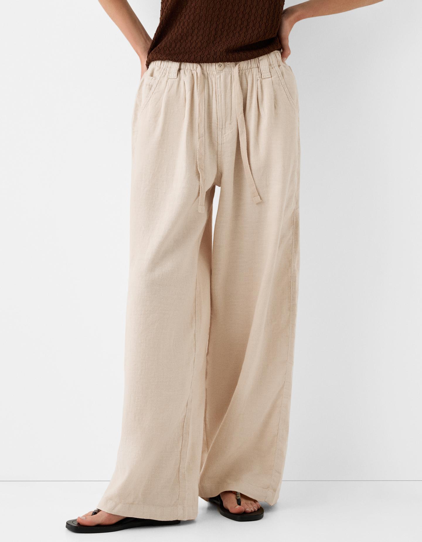 Bershka Pantaloni Wide Leg In Misto Lino Donna L Sabbia