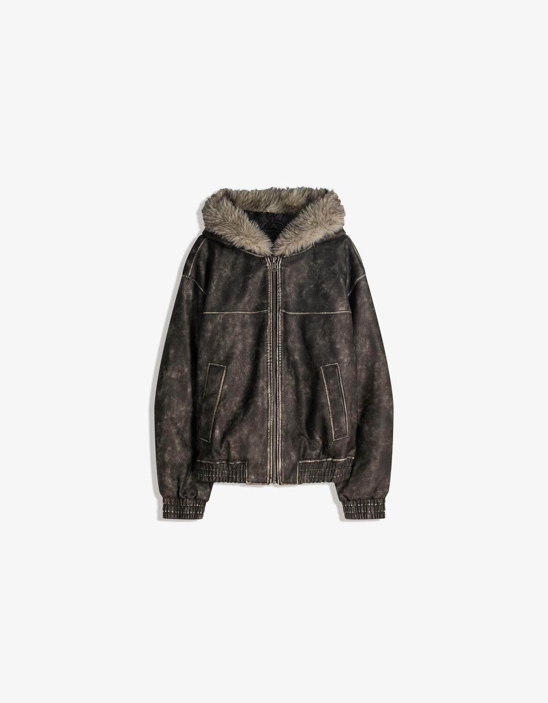 Faux leather hooded jacket