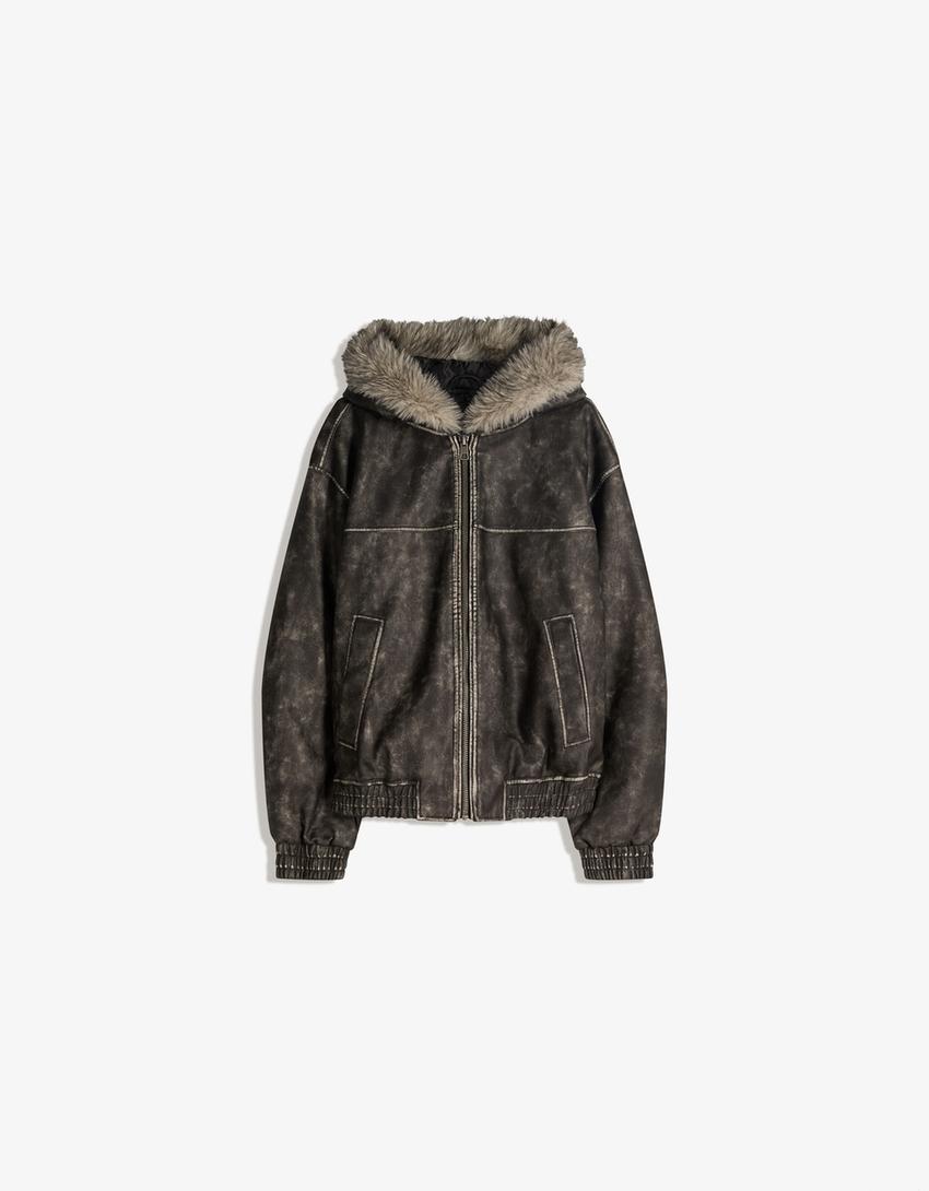 Faux leather hooded jacket-Black