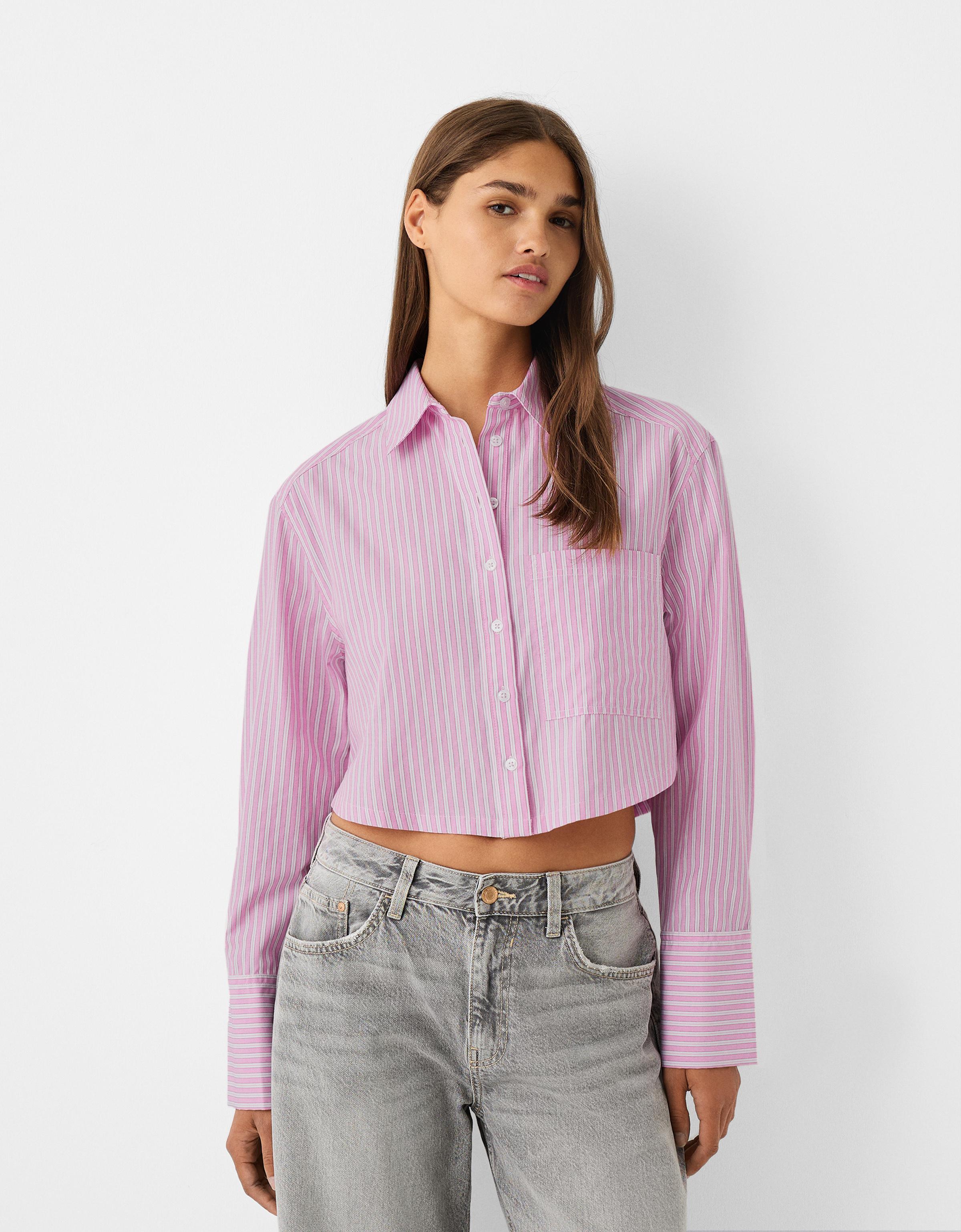 Bershka Cropped-Hemd Aus Popelin Mit Tasche Damen 10-12 Rosa