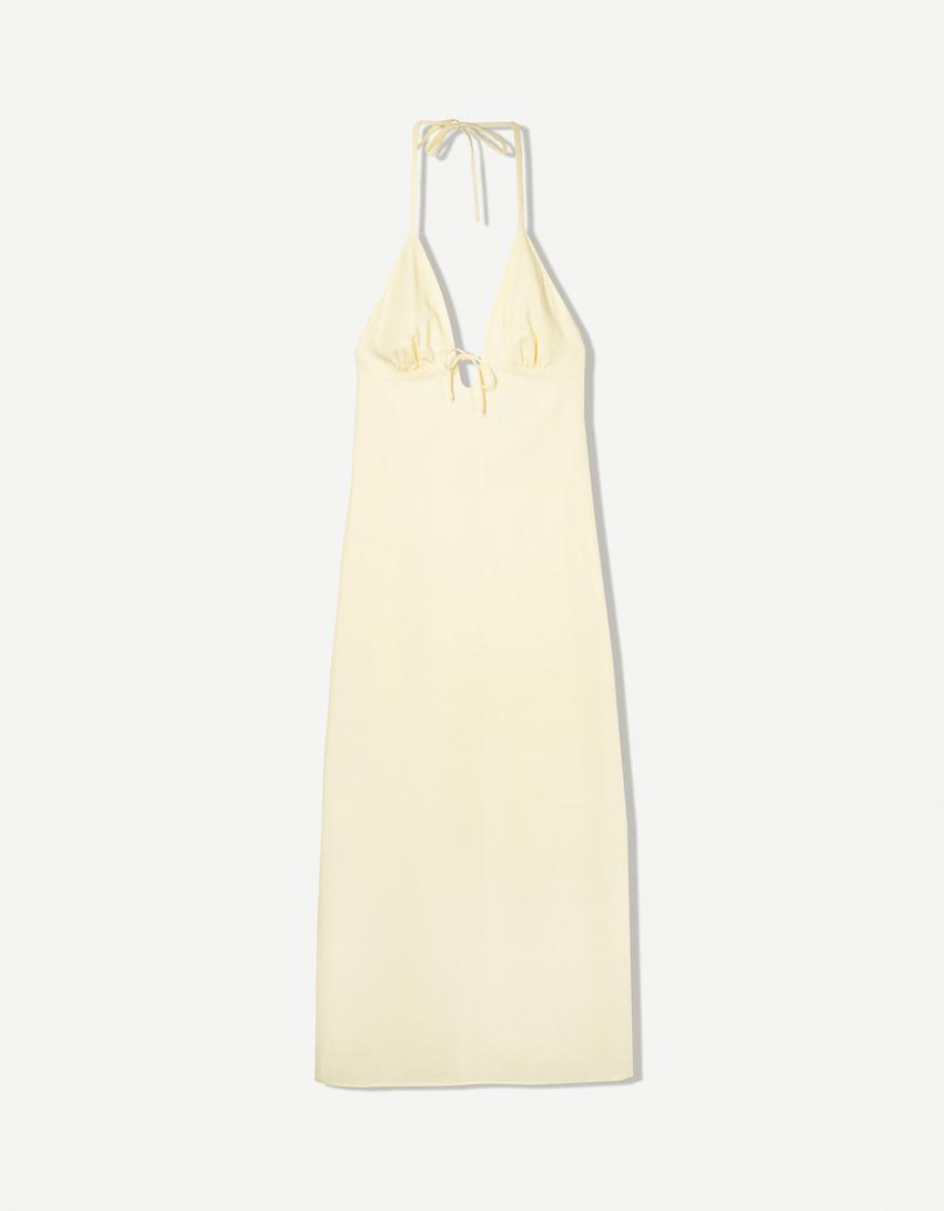 Halter midi-jurk van linnenmix met strik-Geel