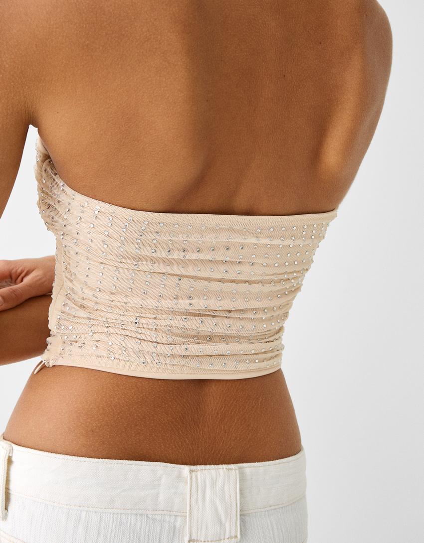 Rhinestone mesh top-Pink-2