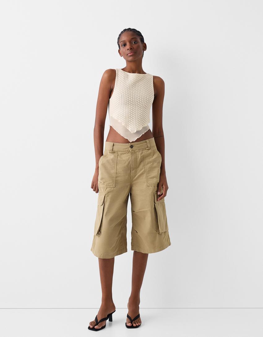 Sleeveless mesh rustic T-shirt-Cream-3