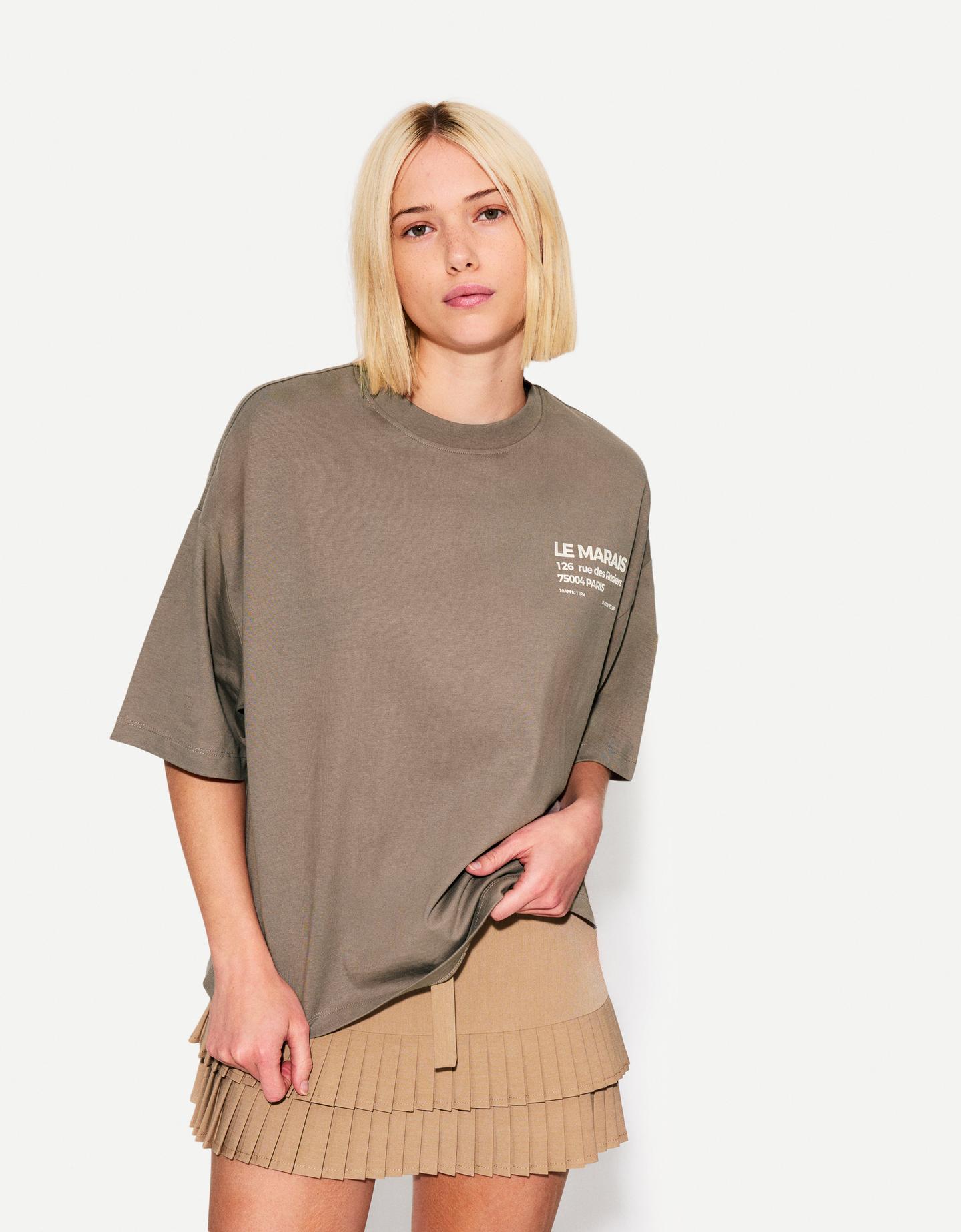 Bershka Camiseta Manga Corta Oversize Print Mujer M Visón